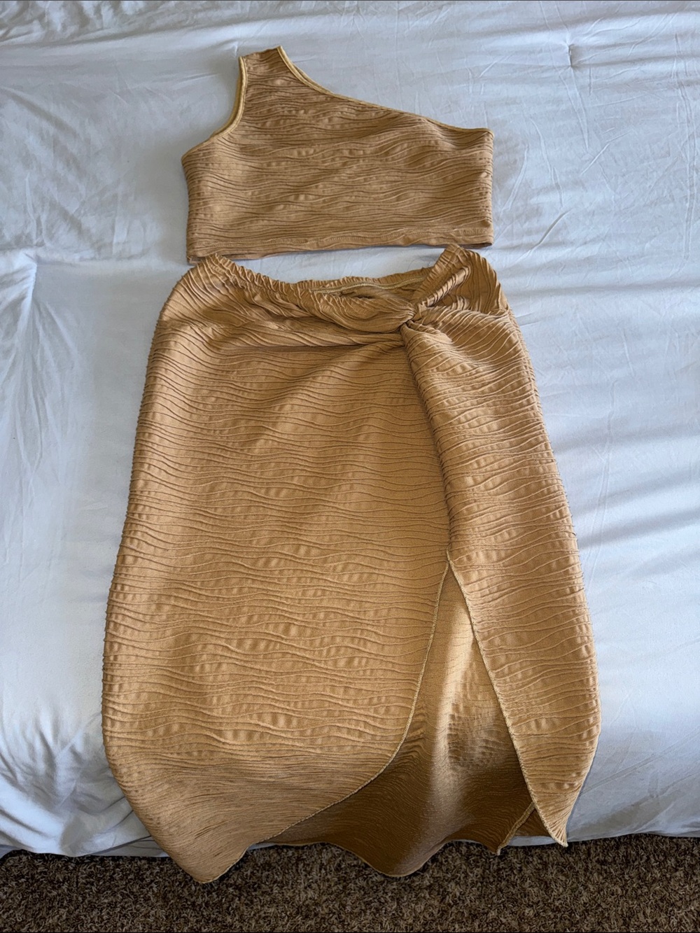 SHEIN Tan Textured One-Shoulder Crop Top & High-Low Wrap Skirt Set